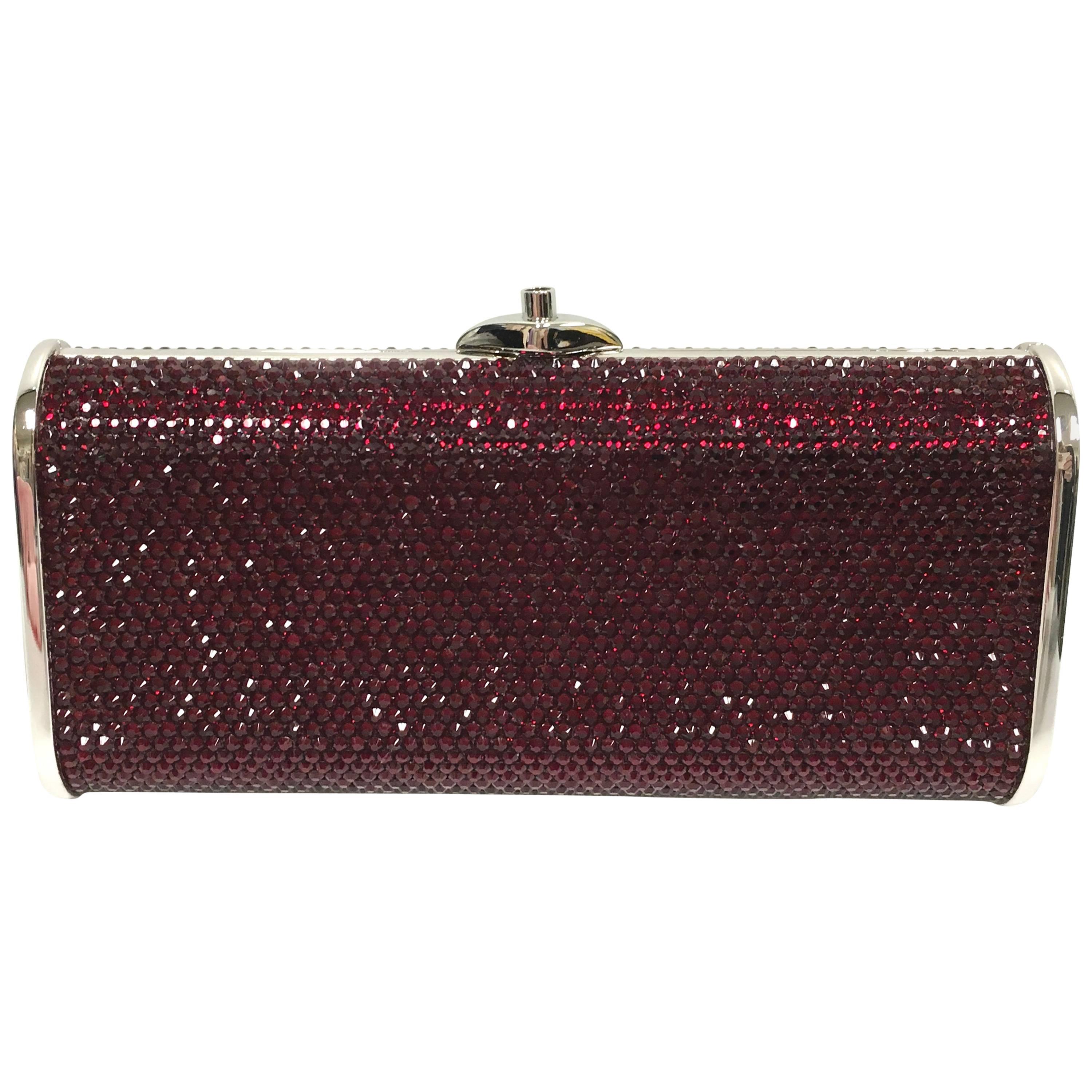 JUDITH LEIBER Silver Framed Red Crystal Minaudiere Clutch Bag