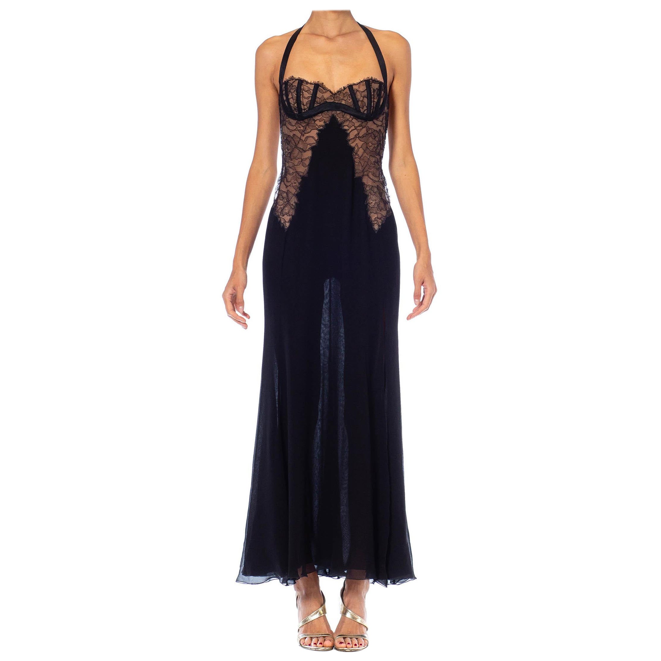 1990S Gianni Versace Black Silk Chiffon & Lace Lingerie Gown With High Slit