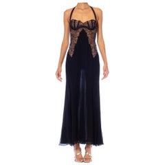 1990S Gianni Versace Black Silk Chiffon & Lace Lingerie Gown With High Slit