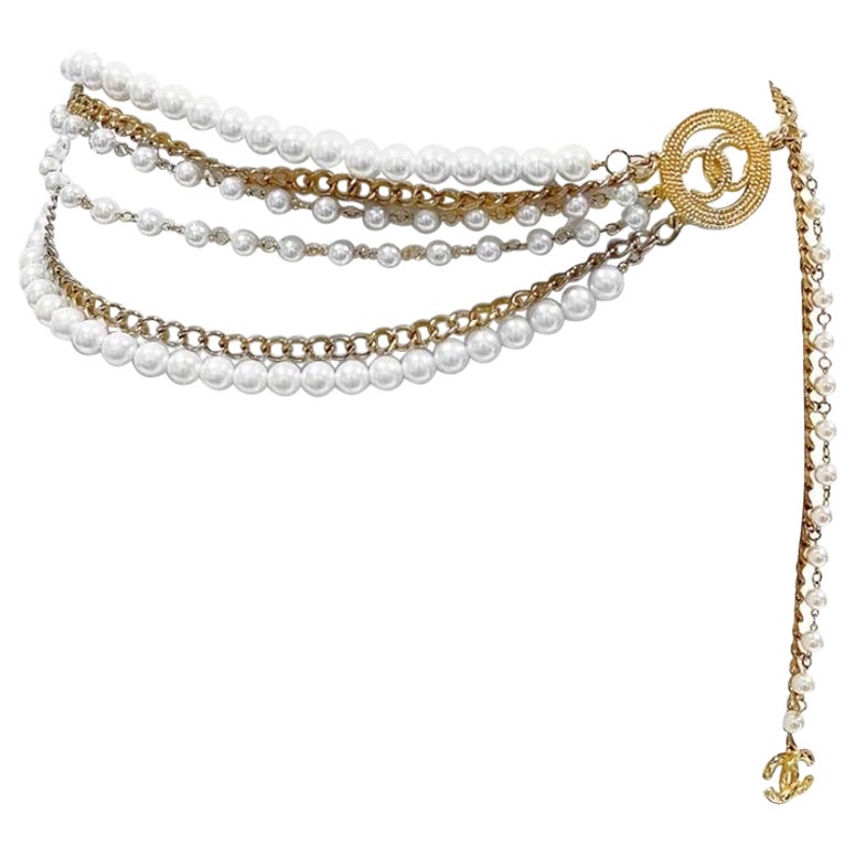 Chanel Multi Chain and Pearl Belt (Circa 1980s) at 1stDibs  chanel pearl  chain belt, pearl chanel belt, chanel belt with pearls