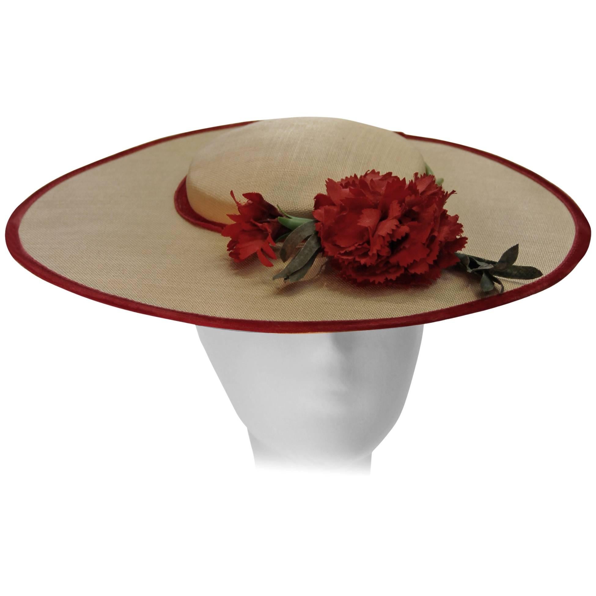 1950s Vintage Wide Brimmed Straw Woven Sun Hat with Red Velvet trim and Flowers