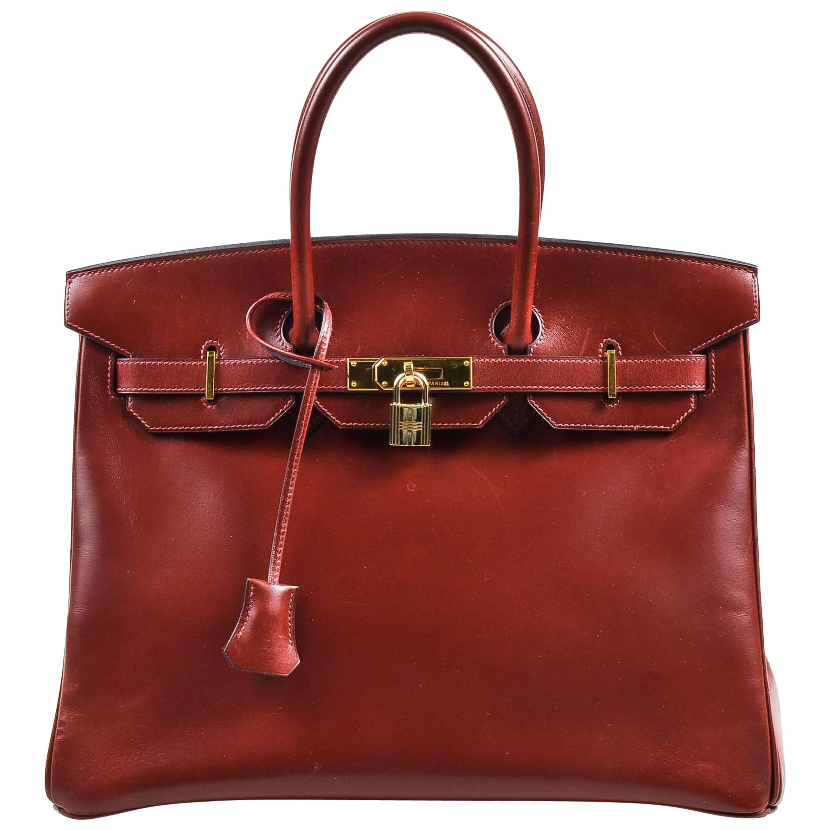 Hermes Oxblood Red Box Calf Leather 35cm "Birkin" Handbag For Sale