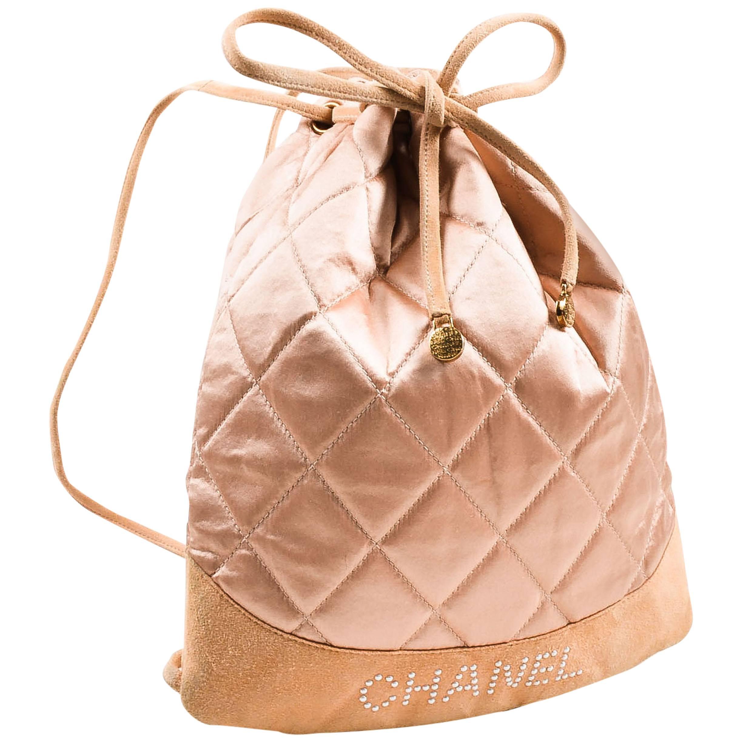 Chanel Blush Pink Suede Satin Quilted Faux Pearl Drawstring Backpack Bag For Sale