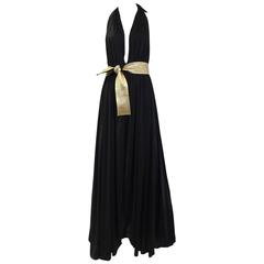 1970s Bill Tice black and gold backless halter dress