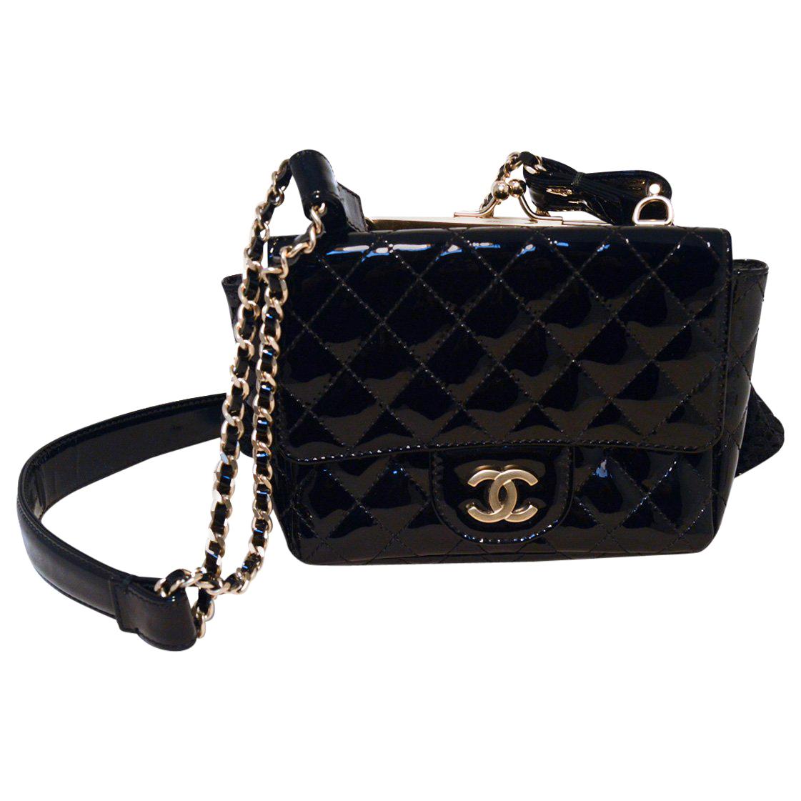 Chanel Black Patent Leather Classic and Lace Pouch Shoulder Bag
