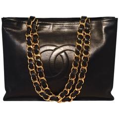 Vintage Chanel Black Leather Quilted CC Logo Portfolio Shoulder Bag Tote