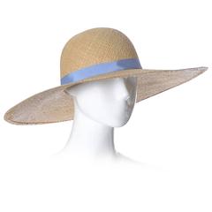 Ralph Lauren 1970s Vintage Straw Hat Wide Brim Blue Ribbon