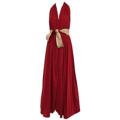 1970s Bill Tice red and gold backless halter dress