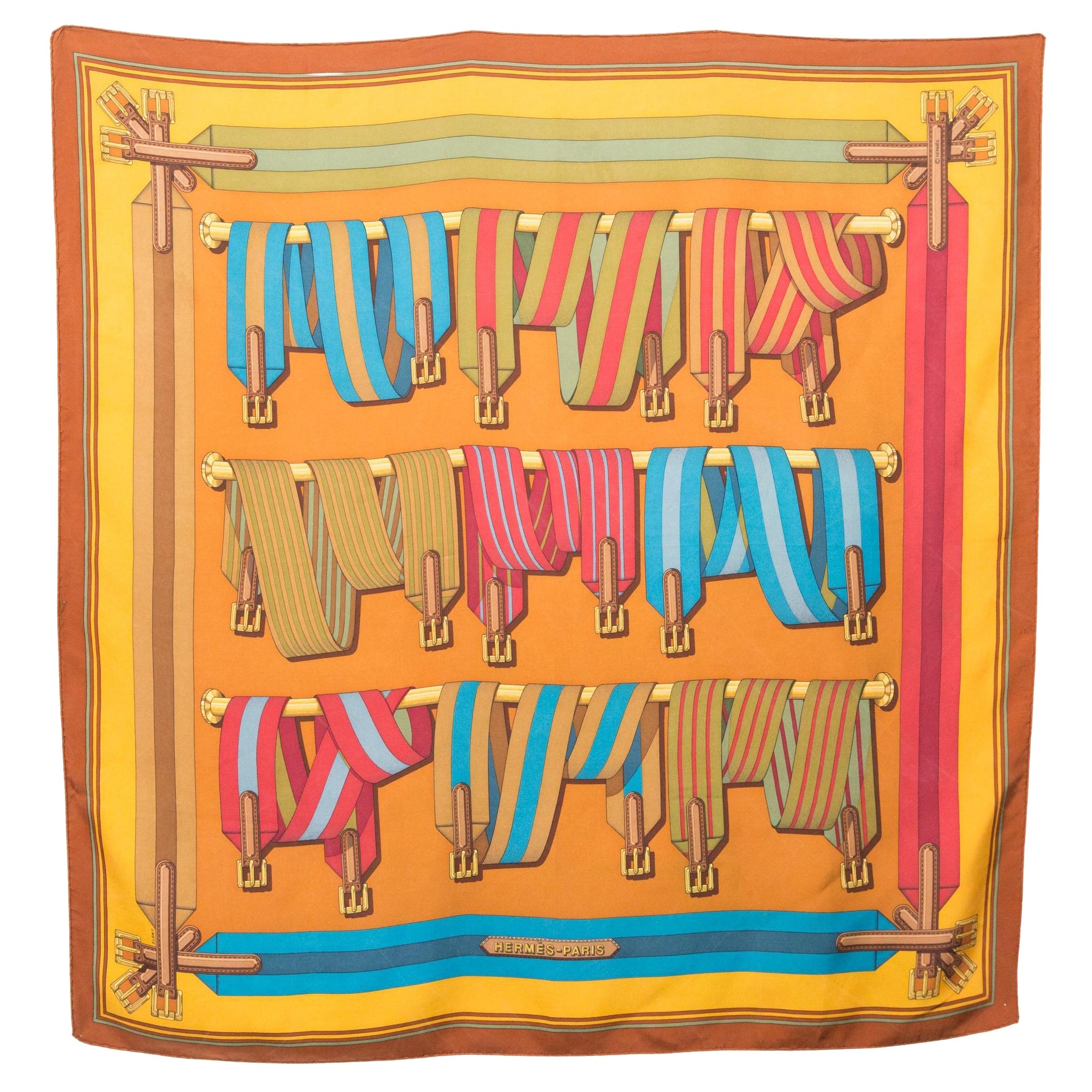 1990 Hermes Les Sangles by J.Metz Silk Scarf For Sale