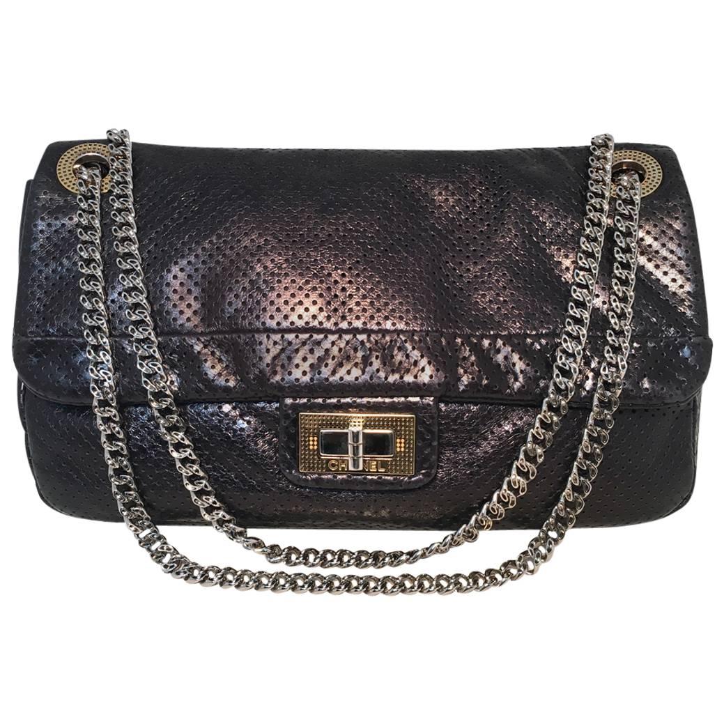 Chanel Charcoal Perforated Leather Classic Flap Shoulder Bag