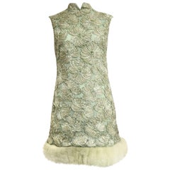 Vintage 1960s mint green silk ribbon embroidered mod mini dress with mink hem