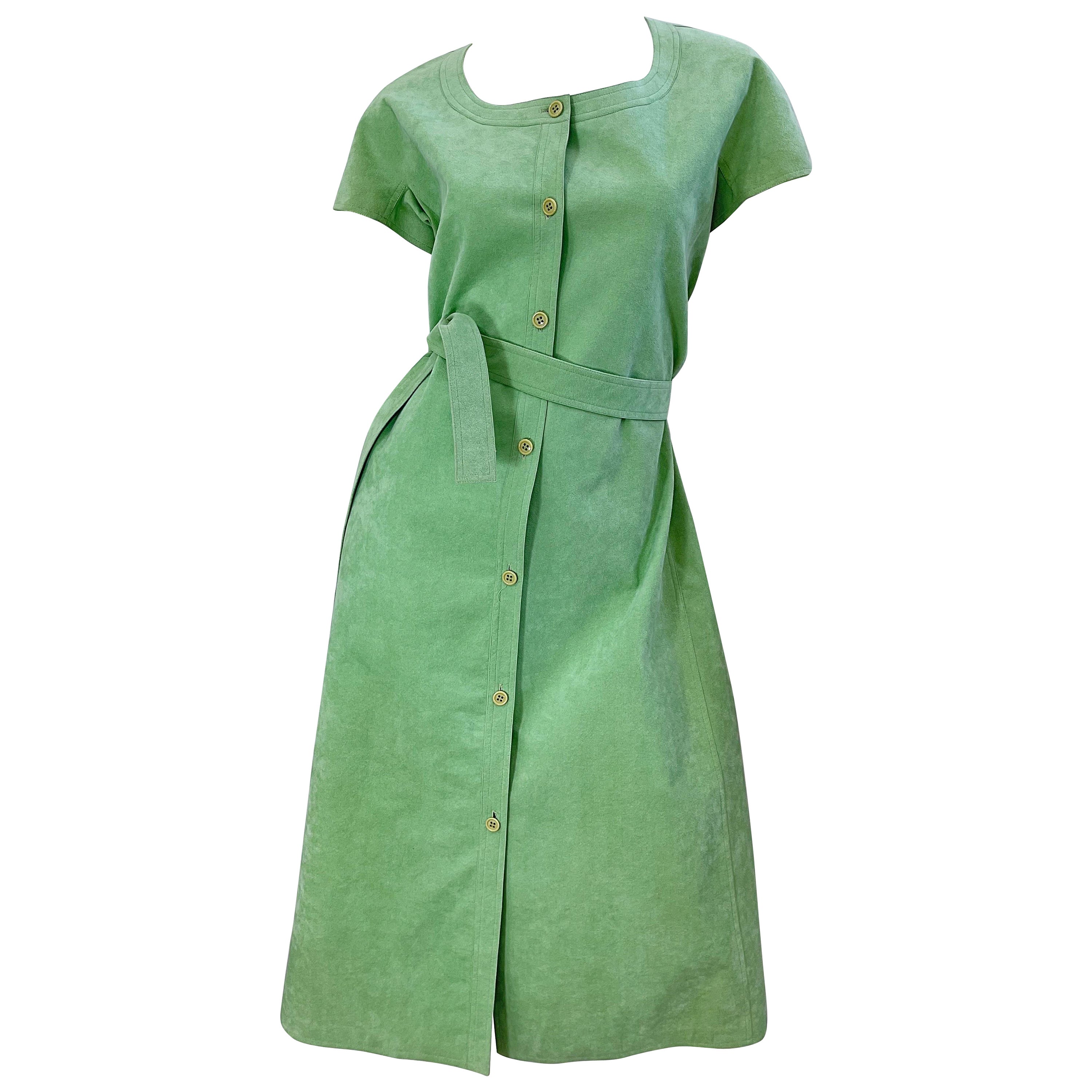 Halston 1970s Pistachio Green Ultra Suede Short Sleeve Vintage 70s Shirt Dress