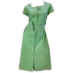 Halston 1970s Verde Pistacho Ultra Ante Manga Corta Vestido Camisero Vintage Años 70
