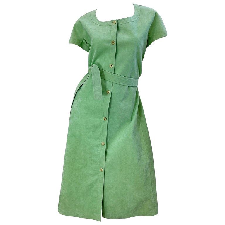 Halston 1970s Pistachio Green Ultra Suede Short Sleeve Vintage 70s Shirt Dress For Sale