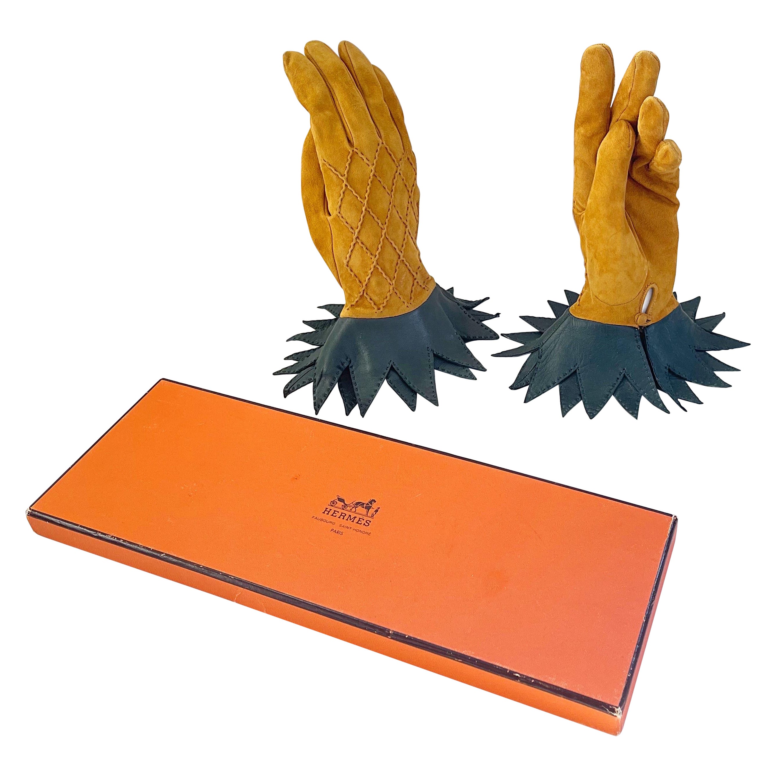 Hermès 1990er Vintage Ananas Neuheit Wildleder Größe 7,5 90er Handschuhe