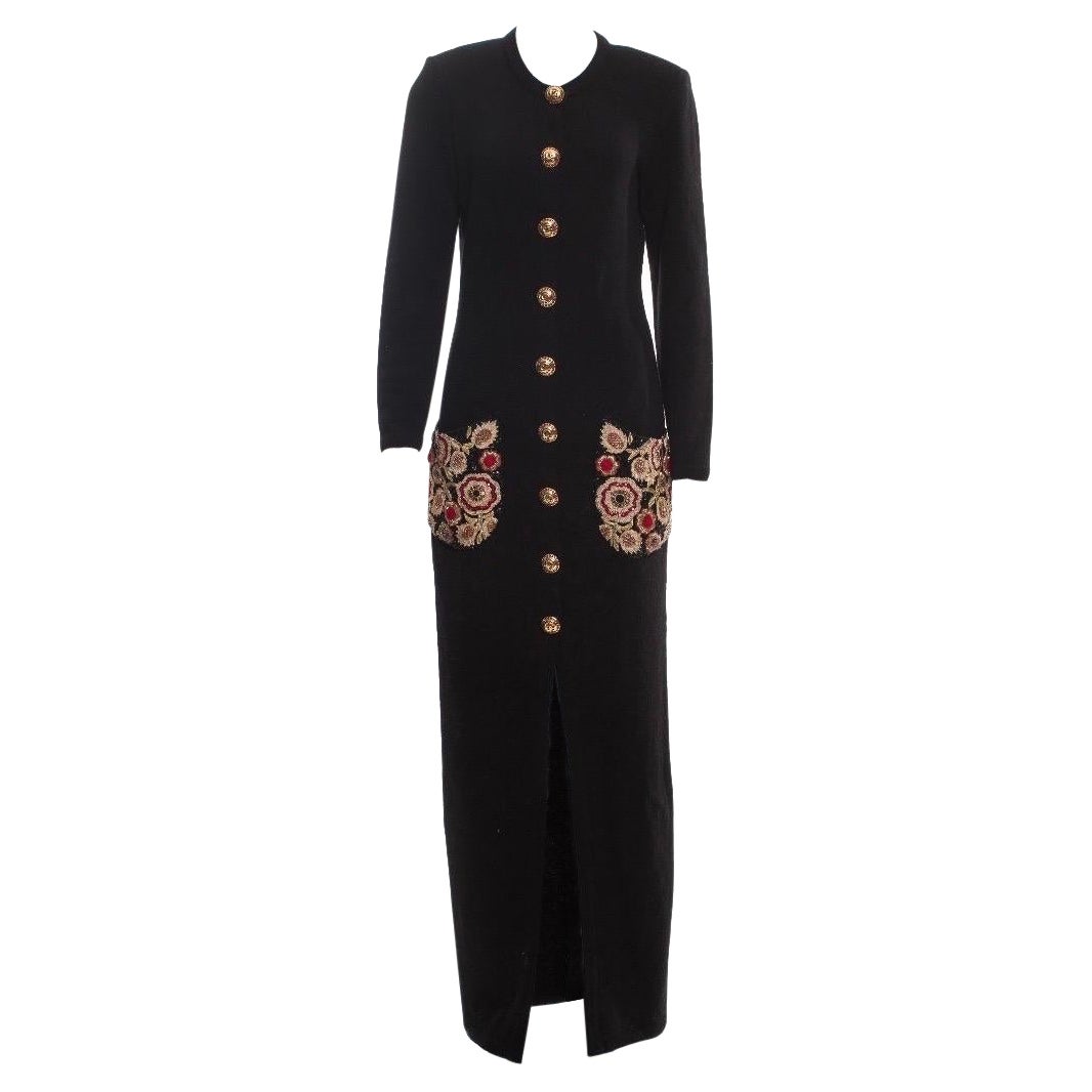 Vintage Oscar de la Renta Embellished Black Knit Wool Long Cardigan Coat size M