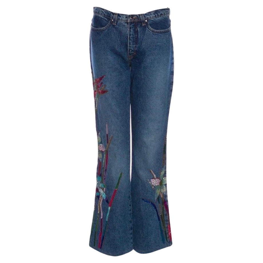 Vintage Roberto Cavalli Floral Sequin Embellished Jeans from Art Collection  For Sale