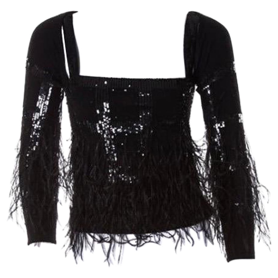 Vintage Valentino Black Sequin and Feather Embellished Knit Top Set S/M For Sale