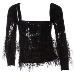 Vintage Valentino Black Sequin and Feather Embellished Knit Top Set S/M
