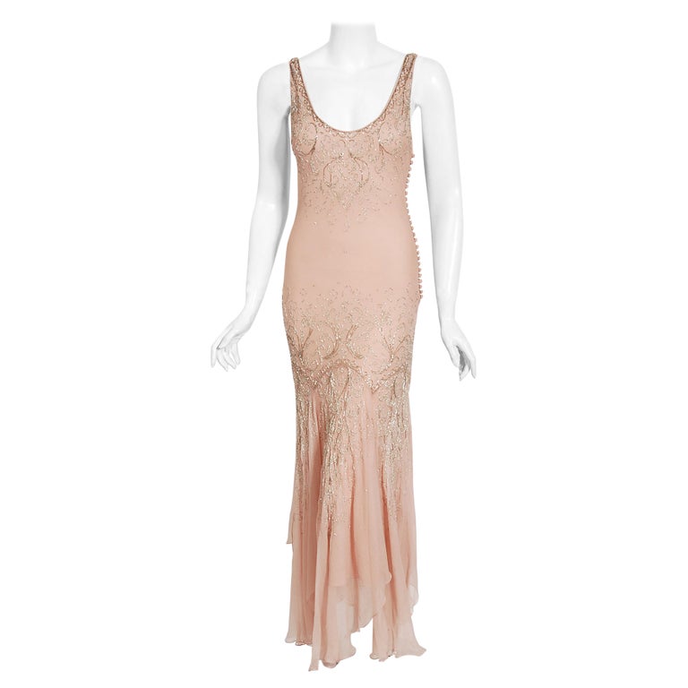 Vintage 2002 Christian Dior by Galliano Beaded Pale Pink Chiffon Bias-Cut Gown For Sale