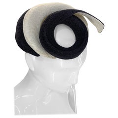1950 Janette Colombier Navy & Cream Spiral Design Straw Hat or Fascinator w Veil
