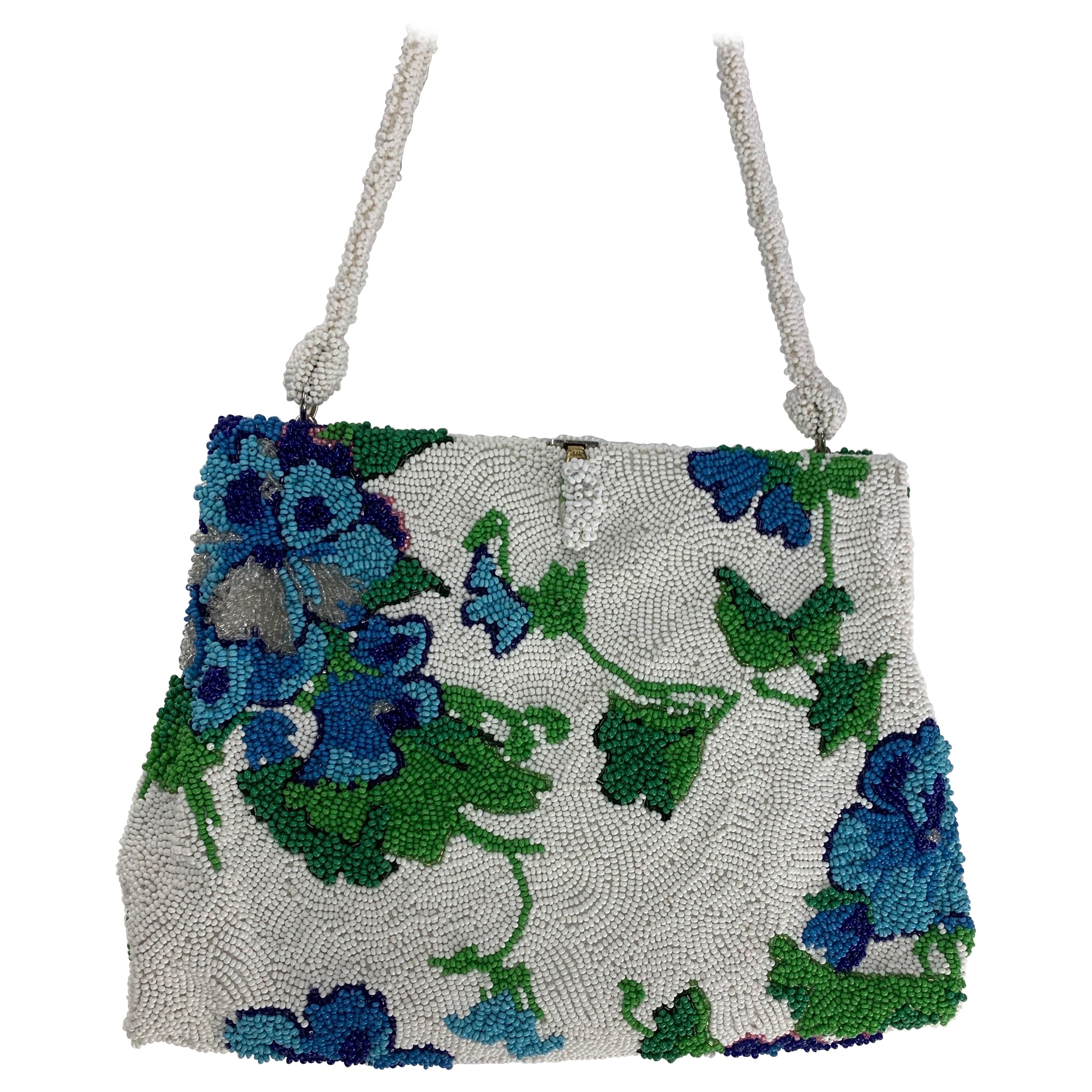 1950 Koret Tresor Stunning Floral Beaded Handbag In Green & Blue On White Ground For Sale