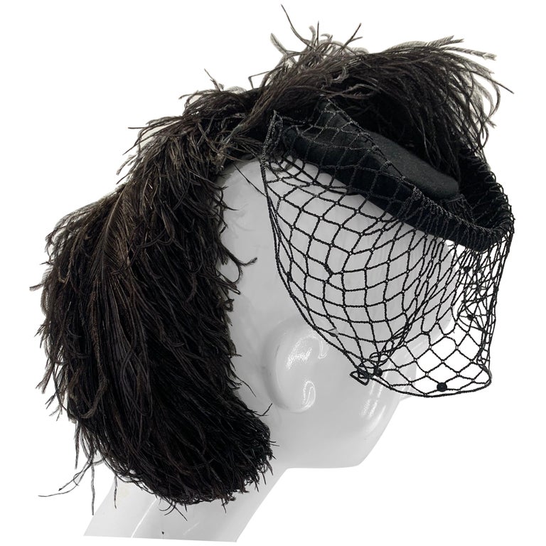 1940 Howard Hodge Black Ostrich Feather Tilt Riding-Style Hat w/ Crochet  Veil For Sale at 1stDibs