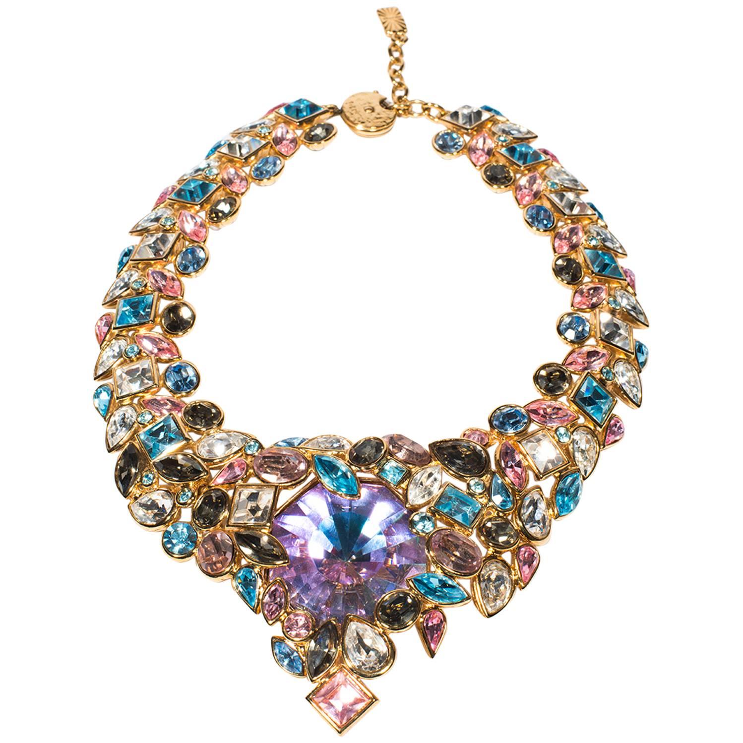 1990's Yves Saint Laurent Gorgeous Bib Necklace With Multicolor Strass For Sale
