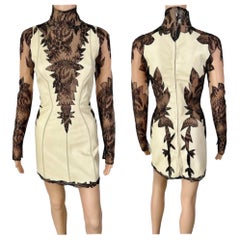 Gianni Versace S/S 2002 Plunging Leather and Sheer Lace Panels Cutout Mini Dress