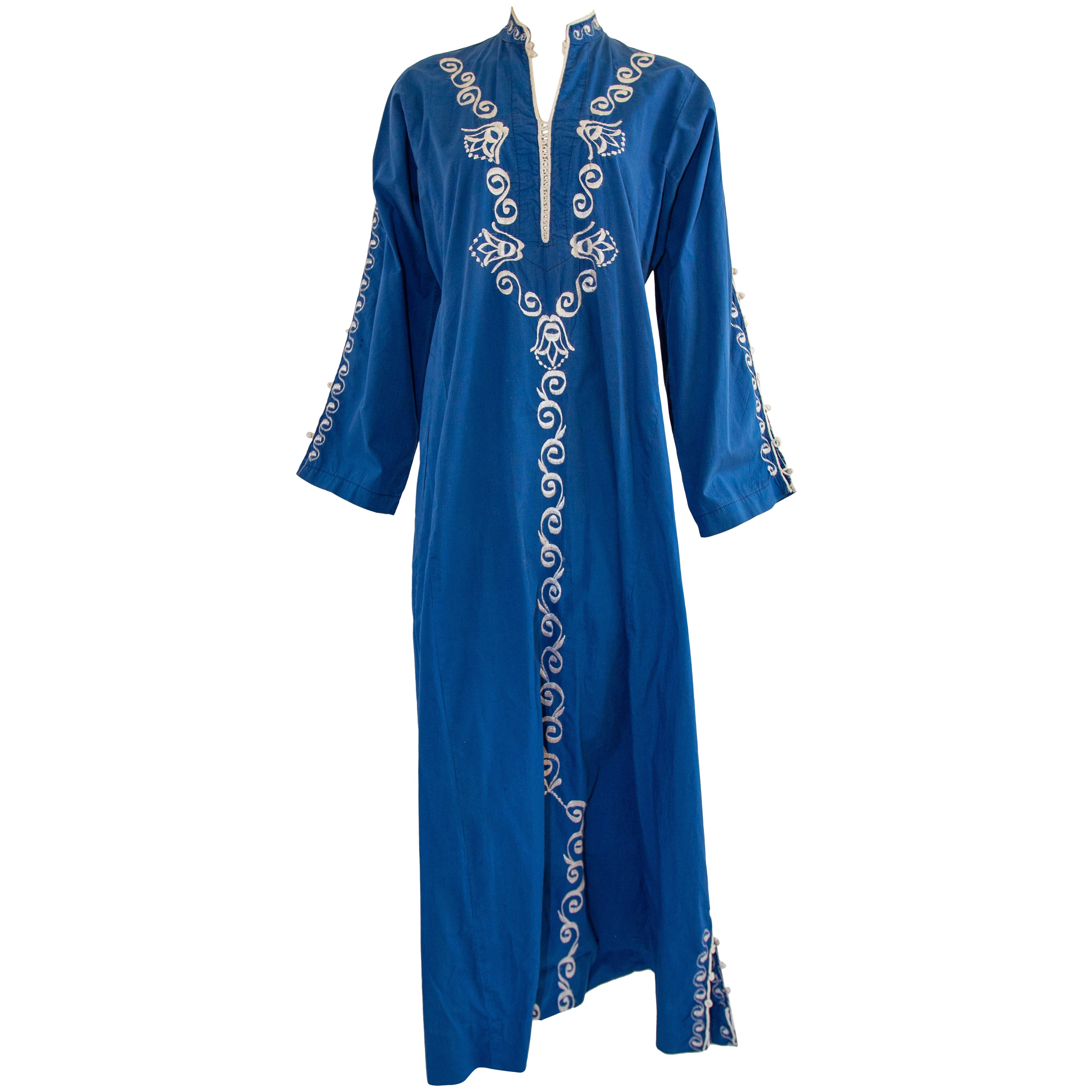 Moroccan Vintage Blue Caftan, 1970 Maxi Dress Kaftan For Sale