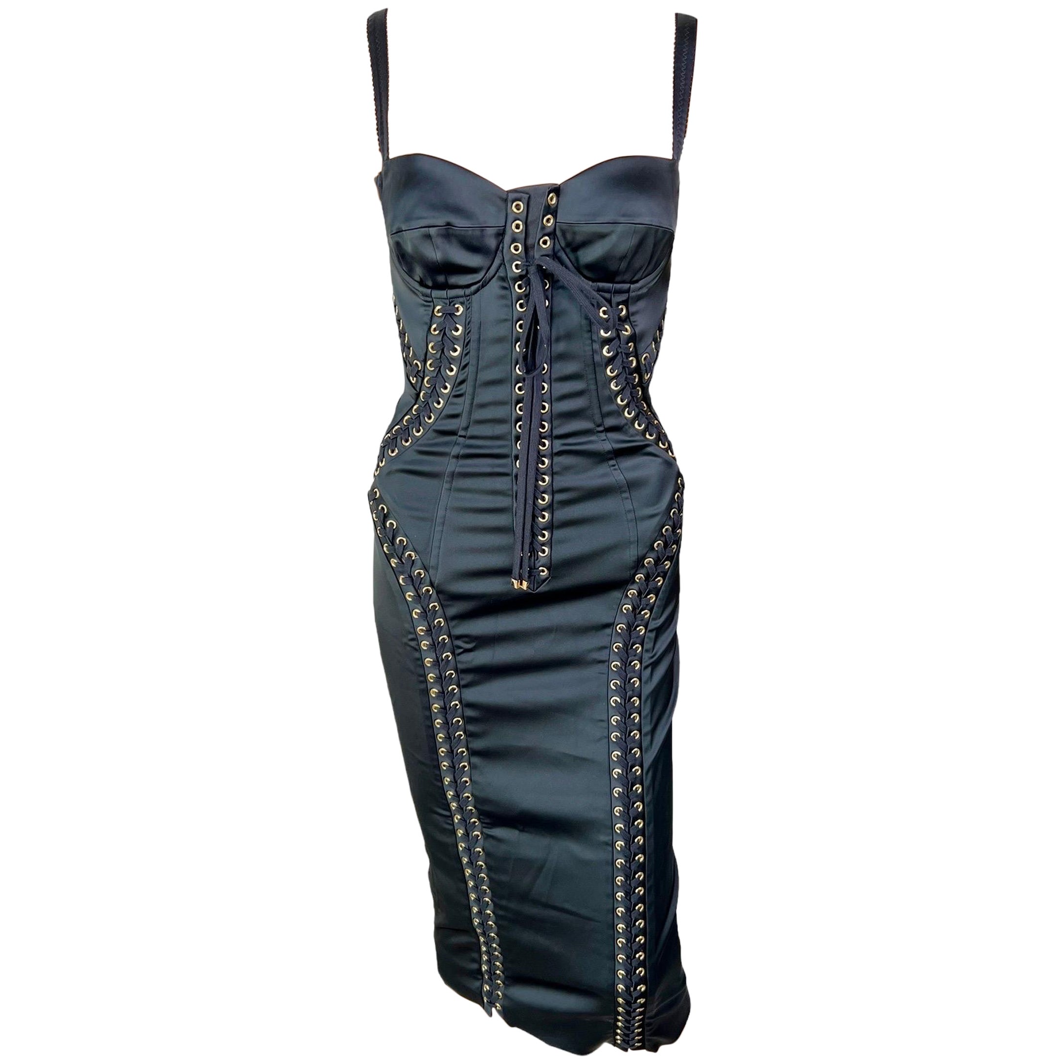 Dolce & Gabbana Corset Lace-Up Bustier Bodycon Black Midi Dress