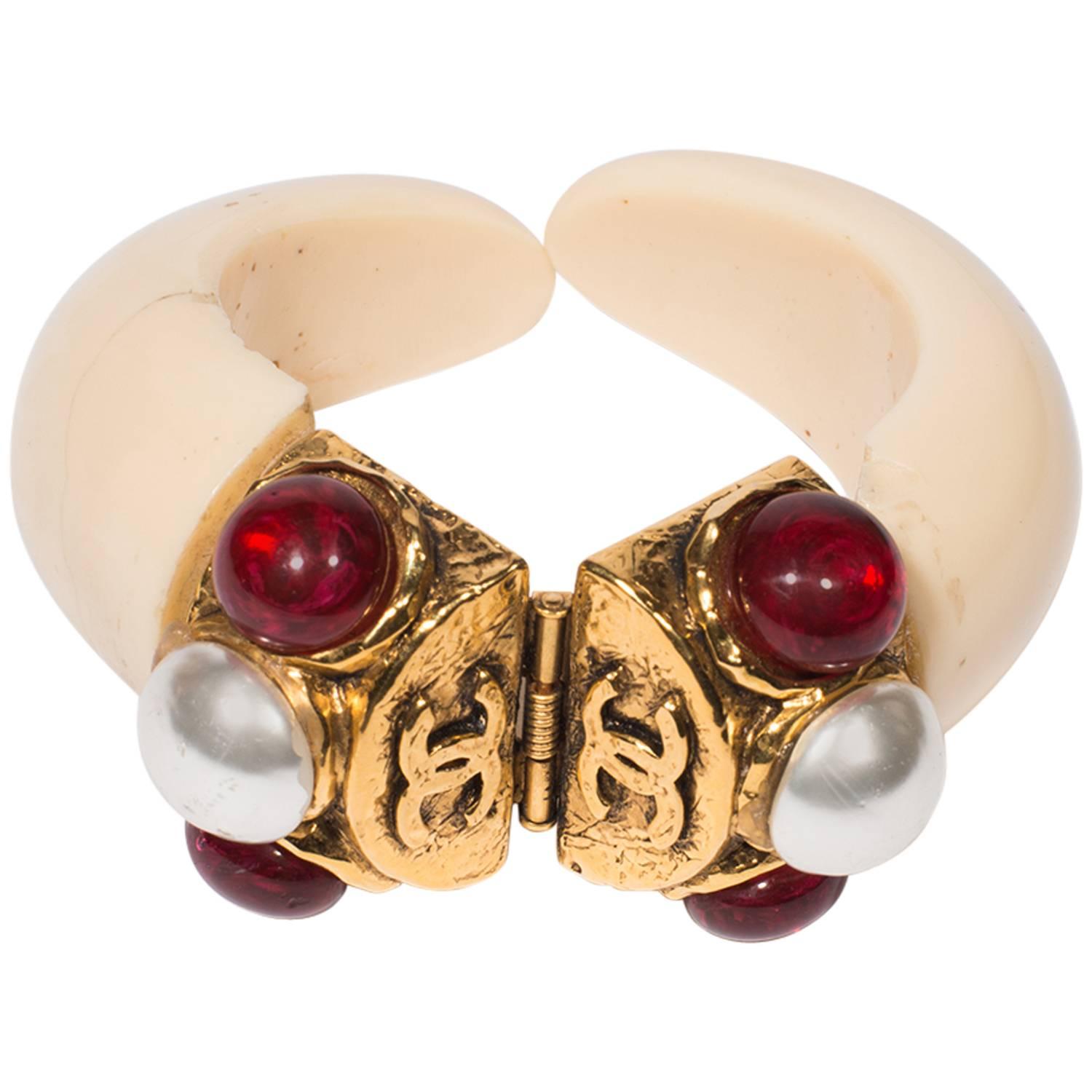 1970's Rare Chanel Cream Bracelet Fake Pearl, Red Cabochon