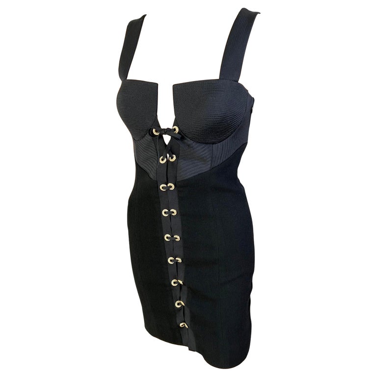 Gianni Versace F/W 1991 Couture Bustier Corset Lace Up Black Mini Dress For Sale