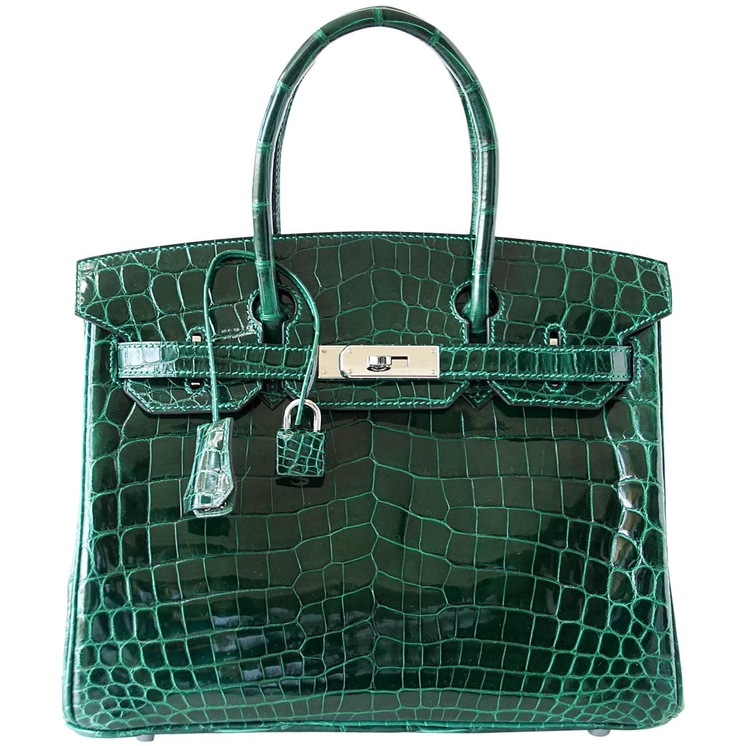 HERMES BIRKIN 30 Bag Emerald Emeraude Green Crocodile Palladium For Sale at 1stdibs