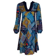 1967 Pierre Cardin Psychedelic Op-Art Print Silk Billow-Sleeves Mod Dress