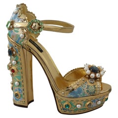 Dolce & Gabbana Multicolor Gold Floral Knöchelriemen Plateausandalen Schuhe mit Absatz