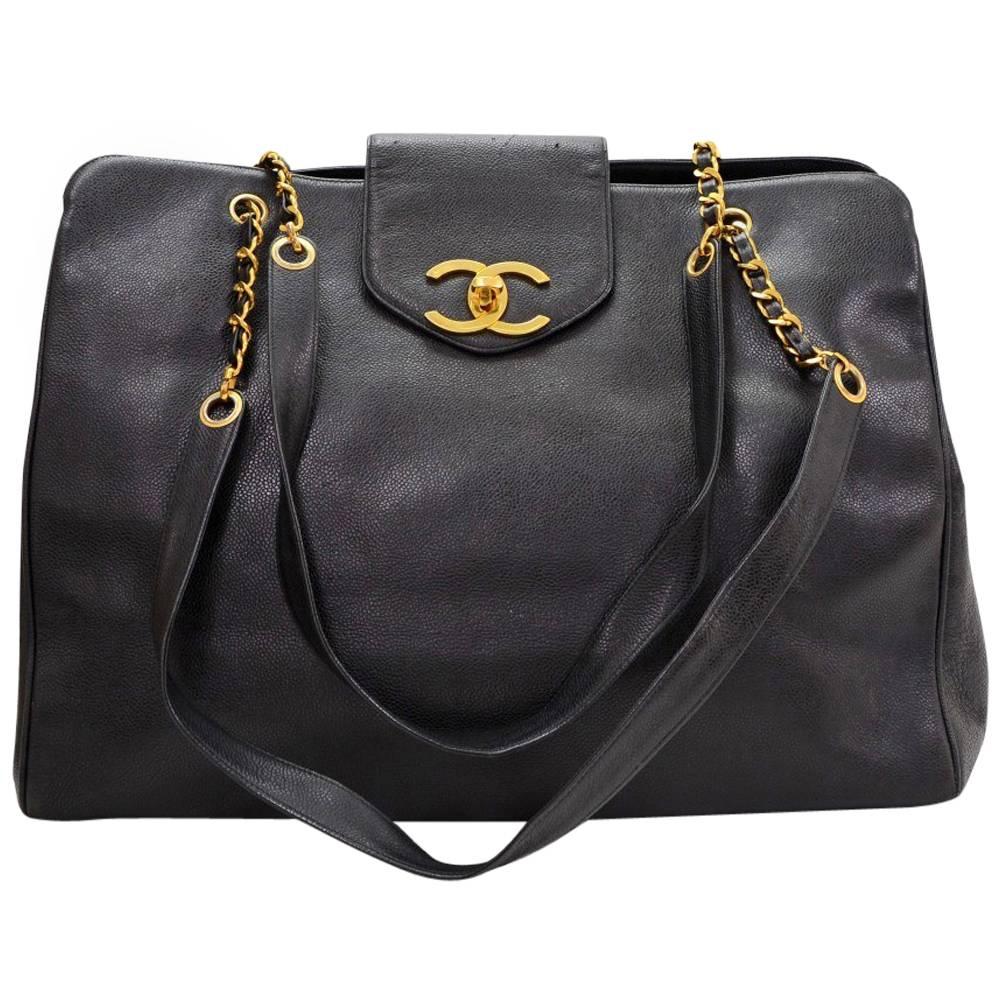 Chanel Vintage Black Caviar Gold Weekender Travel Shopper Tote Flap Shoulder Bag