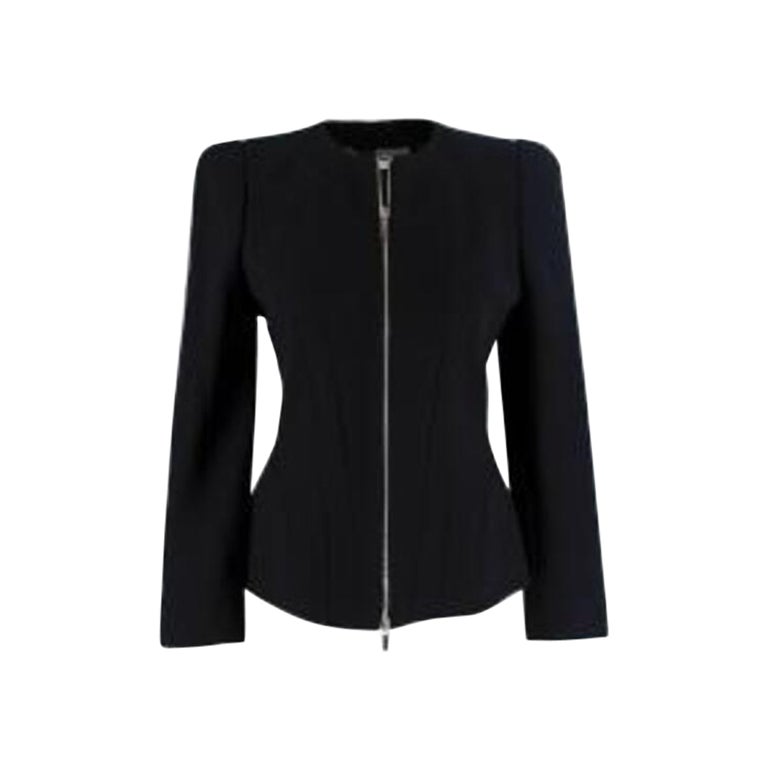 Black Wool Crepe Collarless Jacket For Sale