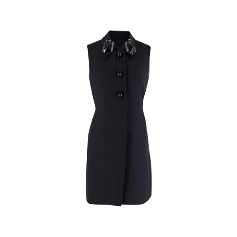 Black Wool-Silk Crepe Embellished Collar Shirt Dress For Sale