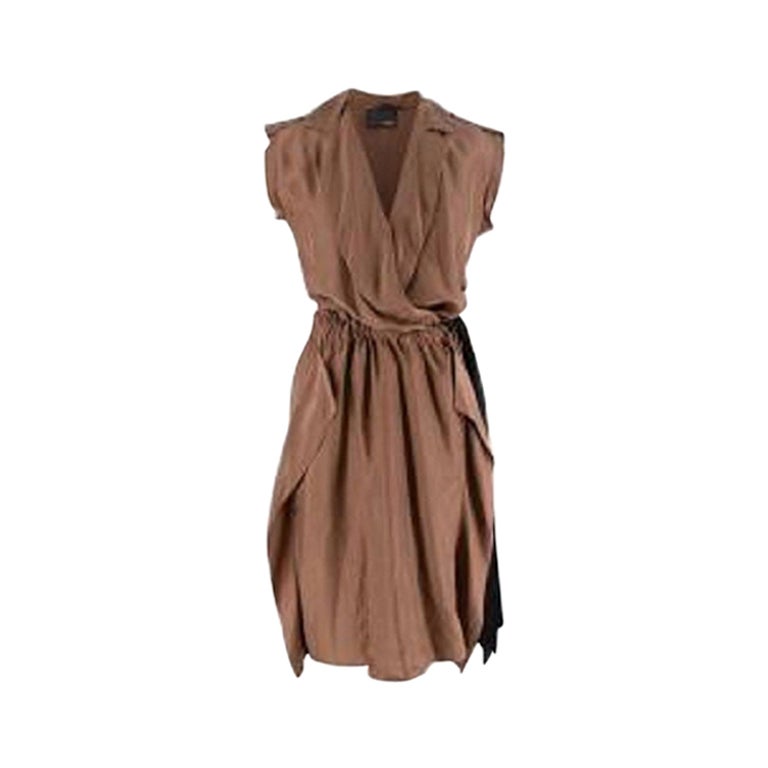 Brown Silk Midi Dress With Gathered Waist