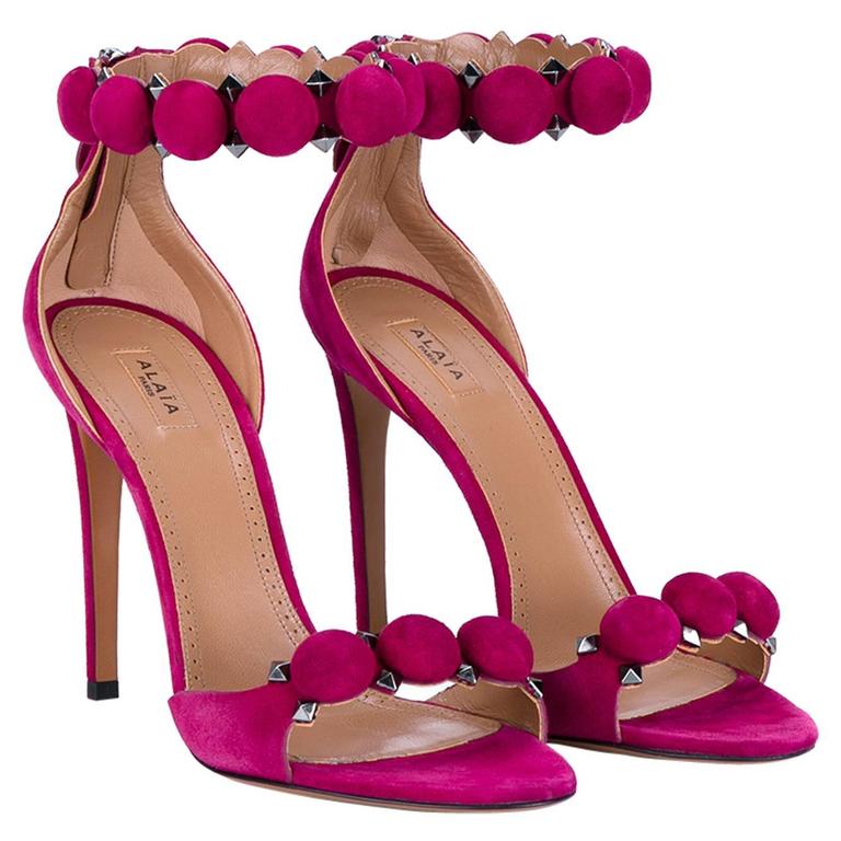 Alaia NEW and SOLD Out Raspberry Pink Suede Pom Pom Strappy Sandals in Box  at 1stDibs | rasberry heels, raspberry pink heels, raspberry pink sandals