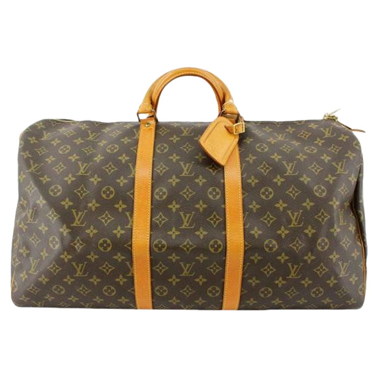 Louis Vuitton Brown Monogram Canvas Leather Keepall 55 cm Duffle Bag Luggage For Sale