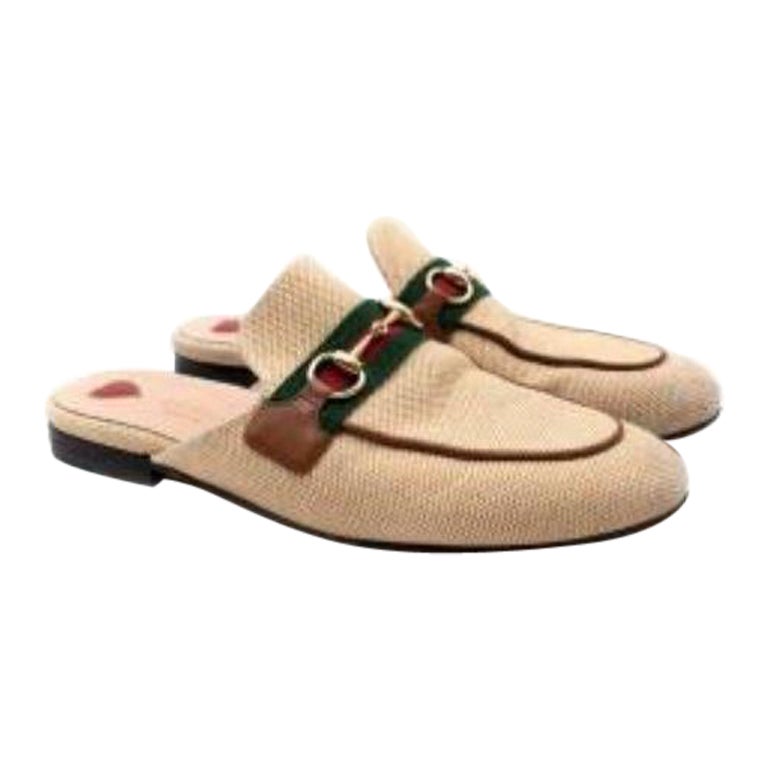 Beige Canvas Web Stripe Princetown Loafers For Sale