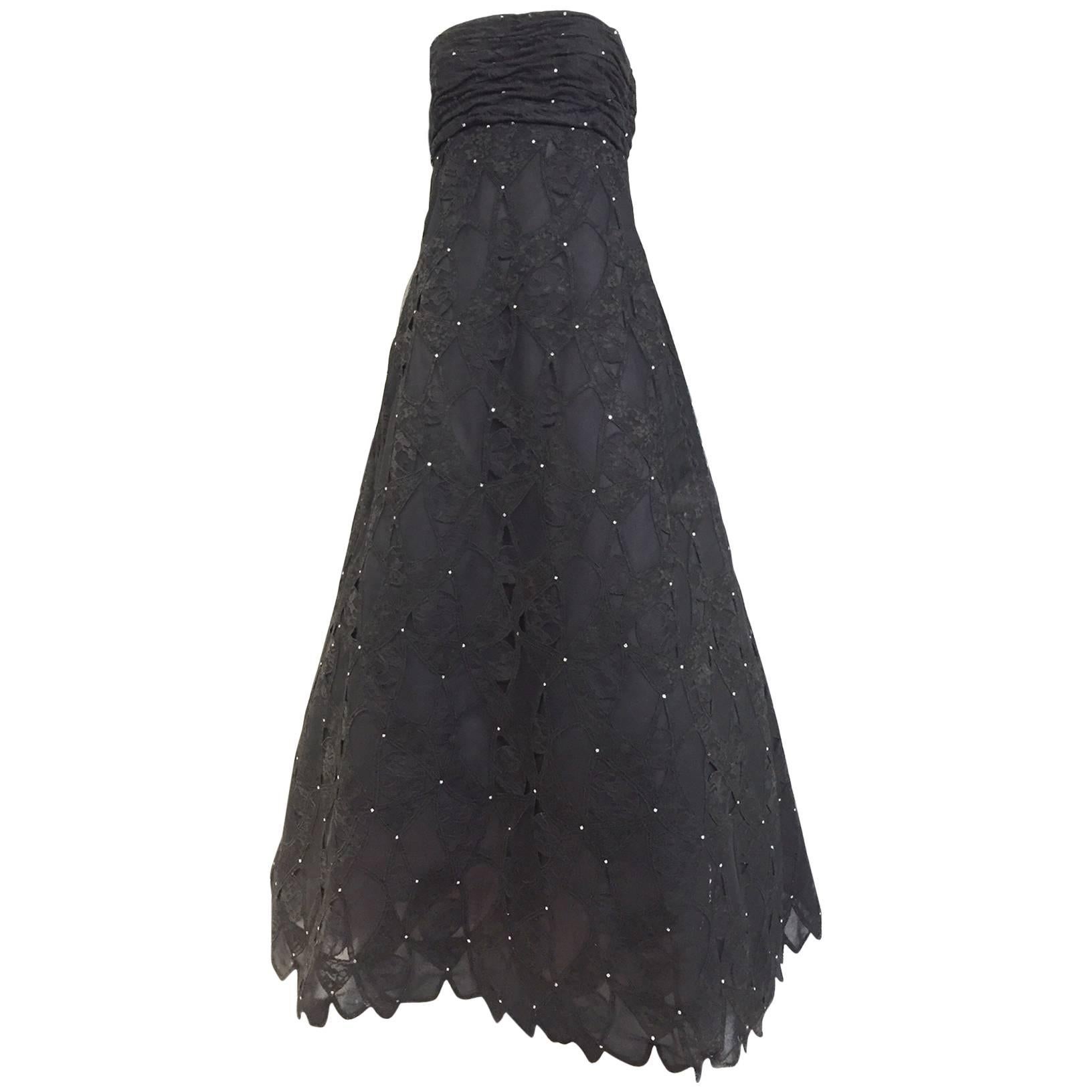 Vintage SCAASI Strapless Black Lace Gown with Rhinestones For Sale