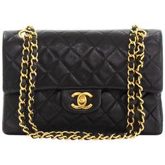 Chanel Rare Vintage Black Lambskin Gold Chain 2.55 Double Flap Shoulder Bag