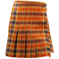 1980s Missoni Orange and Blue Plaid Pleated Wrap Skirt 