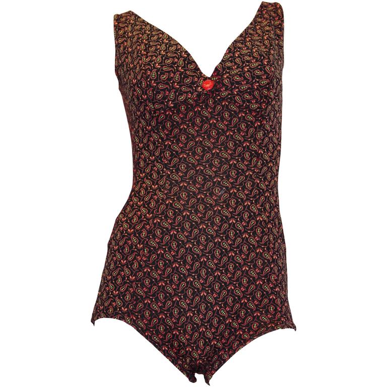 1960s Vintage Paisley Knit One Piece Swimsuit For Sale at 1stdibs