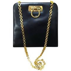 Retro Salvatore Ferragamo gancini black leather shoulder purse with gold chain