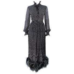 Retro VALENTINO Attributed Black & White Feather Trim Floral Print Silk Skirt Set 6-8