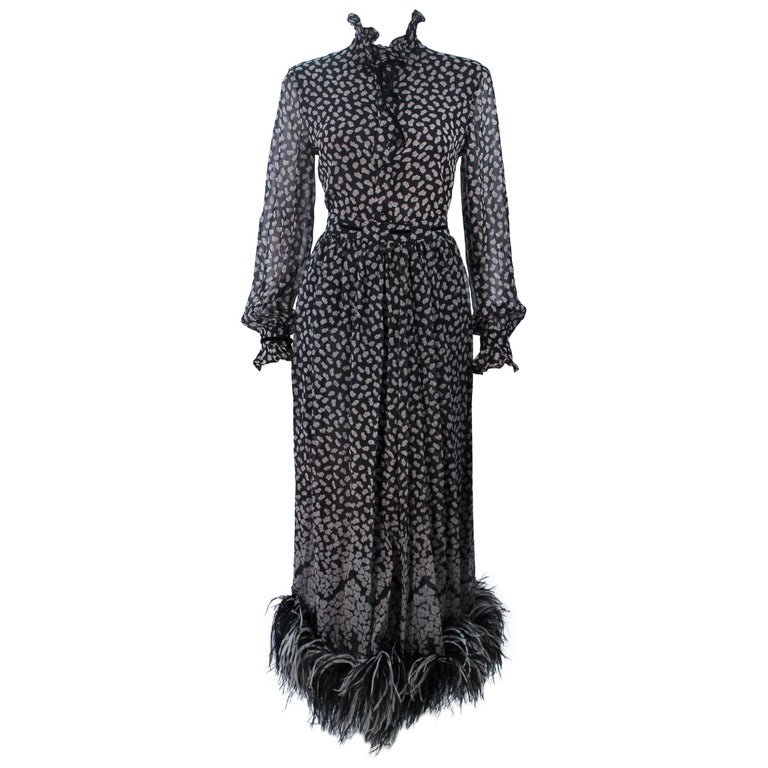 VALENTINO Attributed Black and White Feather Trim Floral Print Silk ...